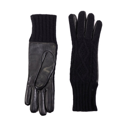 Ladies' black leather gloves featuring a woven cashmere top and wool lining for warmth and elegance in winter fashion.