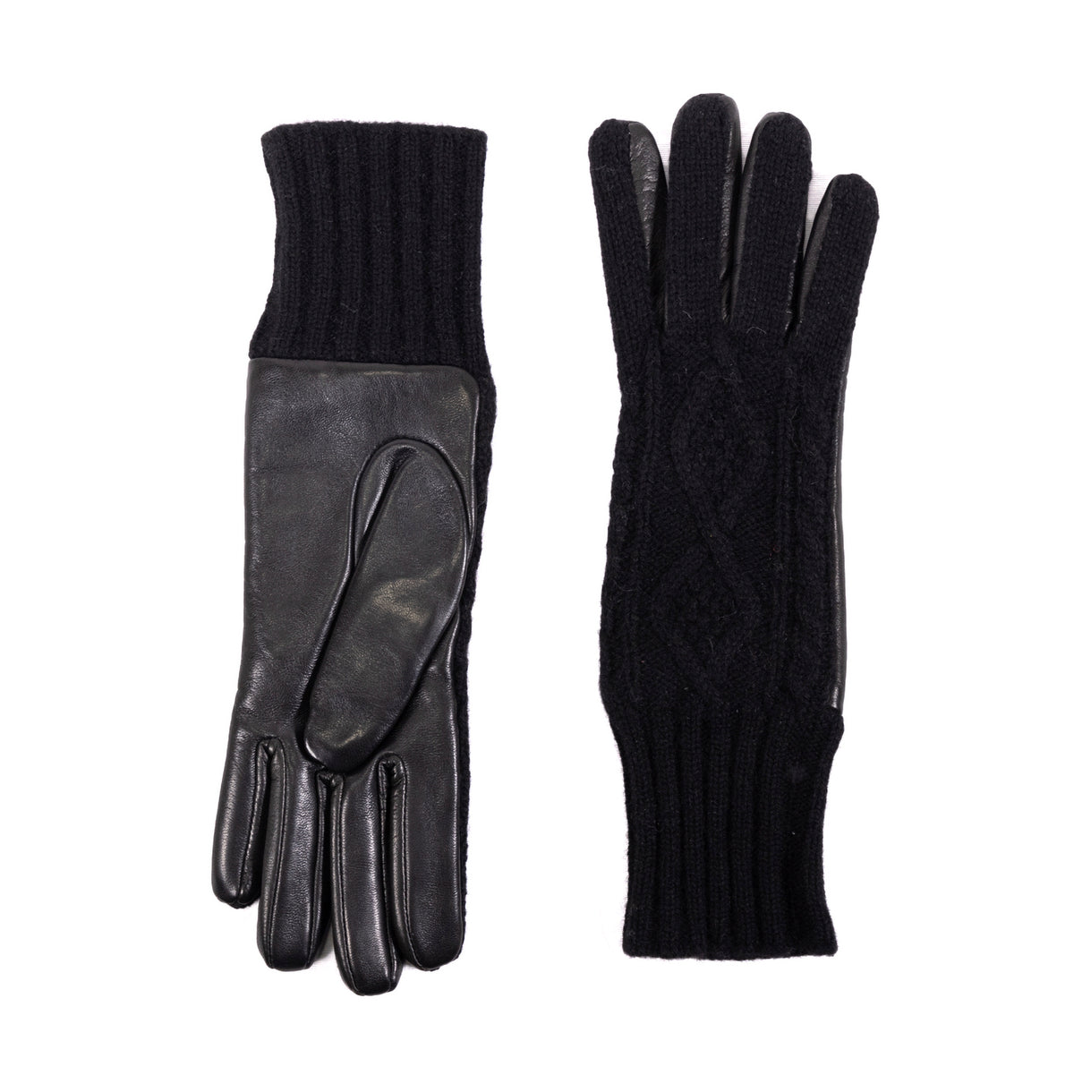 Ladies' black leather gloves featuring a woven cashmere top and wool lining for warmth and elegance in winter fashion.