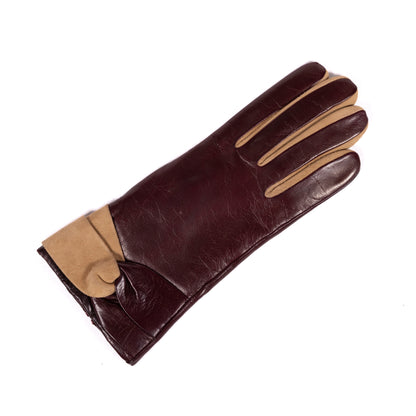 Ladies' nappa leather gloves in deep burgundy, featuring a soft suede cuff and luxurious cashmere lining for warmth and elegance.
