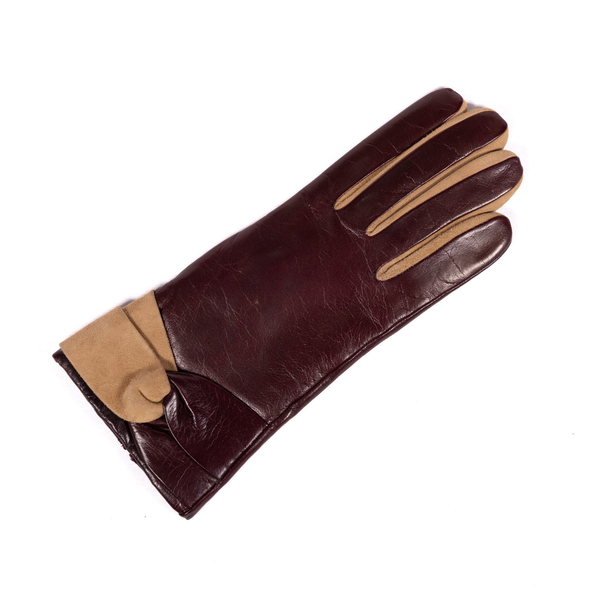 Ladies' nappa leather gloves in deep burgundy, featuring a soft suede cuff and luxurious cashmere lining for warmth and elegance.