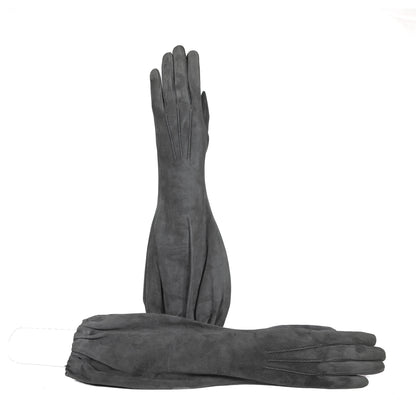 Ladies' mid-length grey suede leather gloves with elegant stitching, featuring a luxurious silk lining for added comfort.
