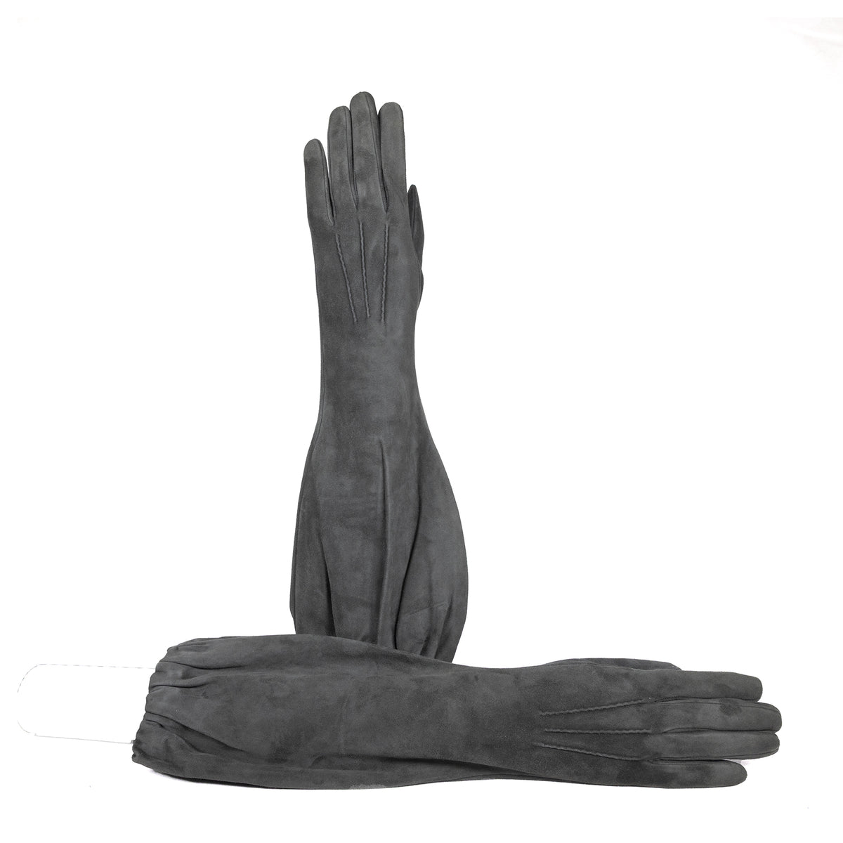 Ladies' mid-length grey suede leather gloves with elegant stitching, featuring a luxurious silk lining for added comfort.