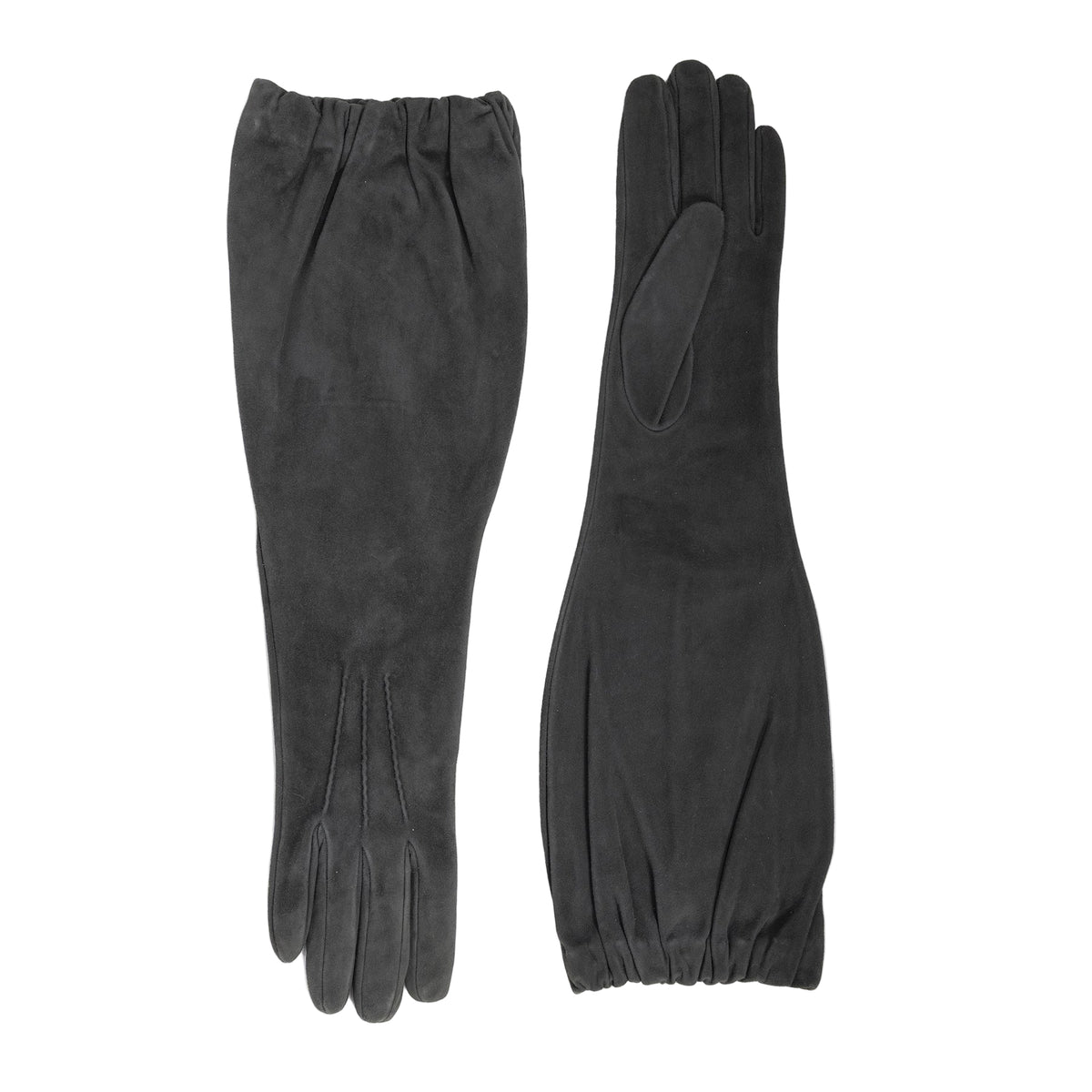 Ladies' mid-length black suede leather gloves, elegantly designed with a soft silk lining for a luxurious feel.
