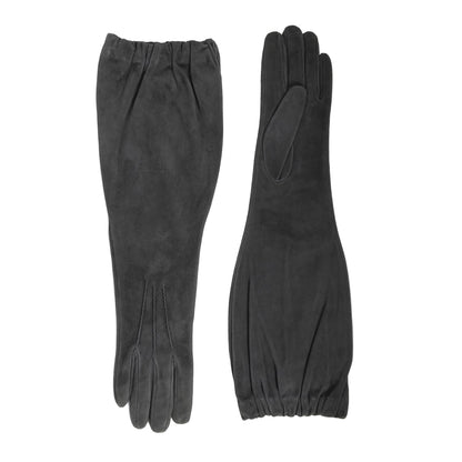 Ladies' mid-length black suede leather gloves, elegantly designed with a soft silk lining for a luxurious feel.