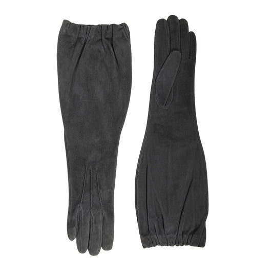 Ladies' mid-length black suede leather gloves, elegantly designed with a soft silk lining for a luxurious feel.