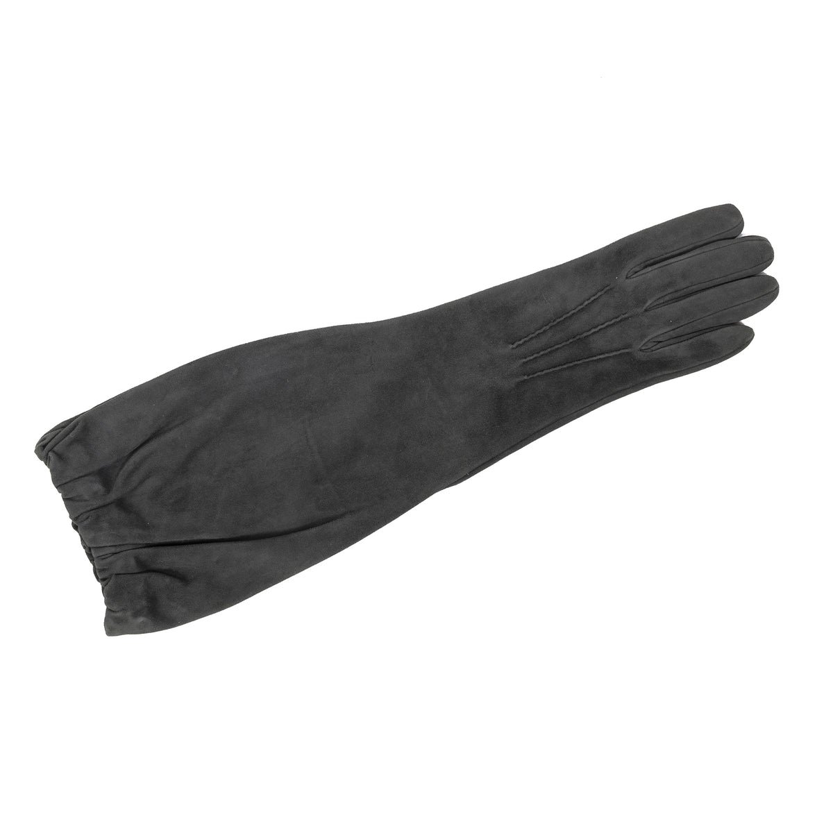 Ladies' mid-length black suede leather gloves, elegantly tailored and silk lined for a luxurious touch and refined style.