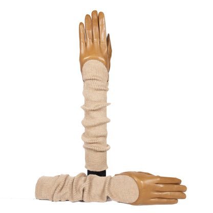 Ladies' long leather gloves with wool sleeves in warm beige, showcasing elegant design and luxurious Italian craftsmanship.