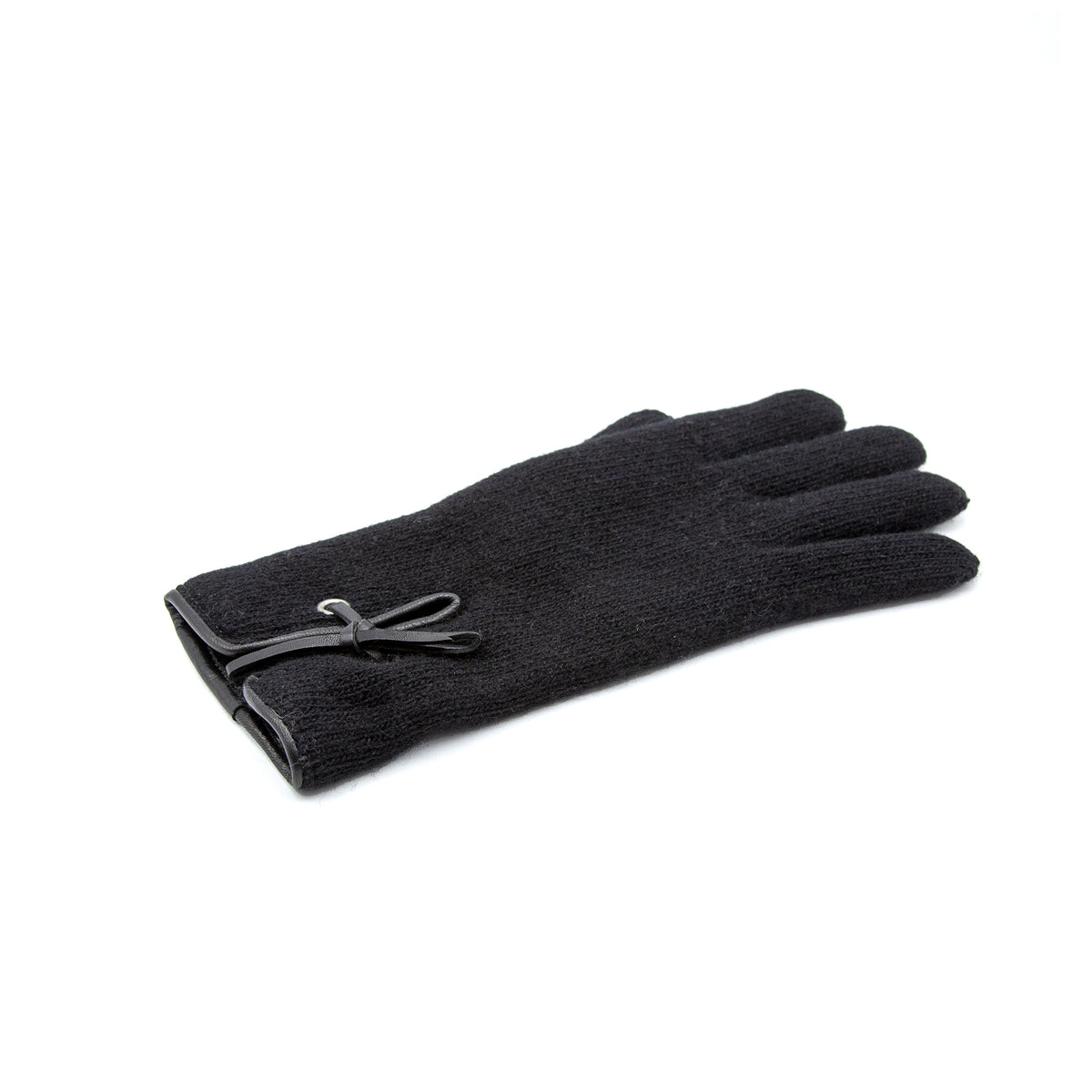 Black cashmere gloves featuring a sleek design and elegant bow detail, showcasing Italian craftsmanship and premium materials.