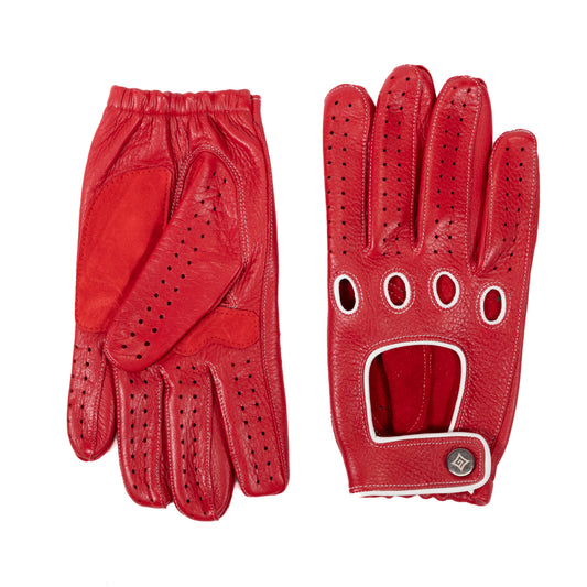 Red deerskin driving gloves with snap closure, featuring perforated detailing and contrast color accents for a stylish touch.