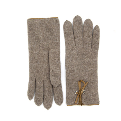 Women's cashmere gloves in soft taupe, featuring a stylish leather trim and elegant bow detail for a refined touch.