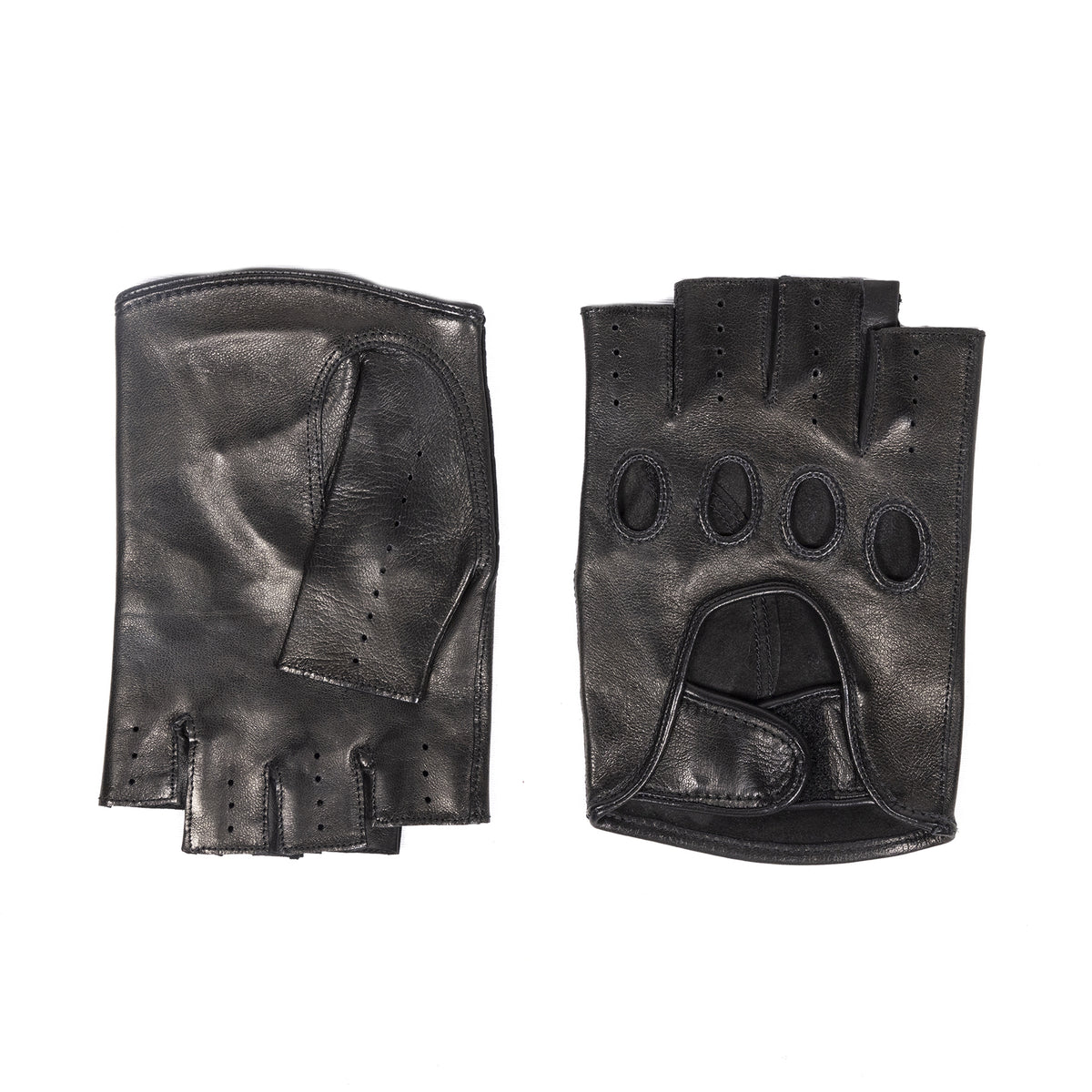 Mens black leather half-finger driving gloves featuring a strap closure and perforated detailing for breathability and style.