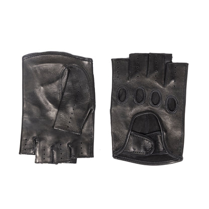 Mens black leather half-finger driving gloves featuring a strap closure and perforated detailing for breathability and style.