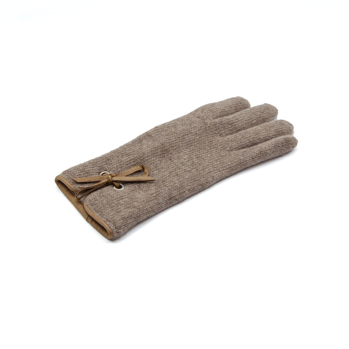 Women's cashmere gloves in soft taupe, featuring a leather trim and elegant bow detail for a refined, luxurious touch.