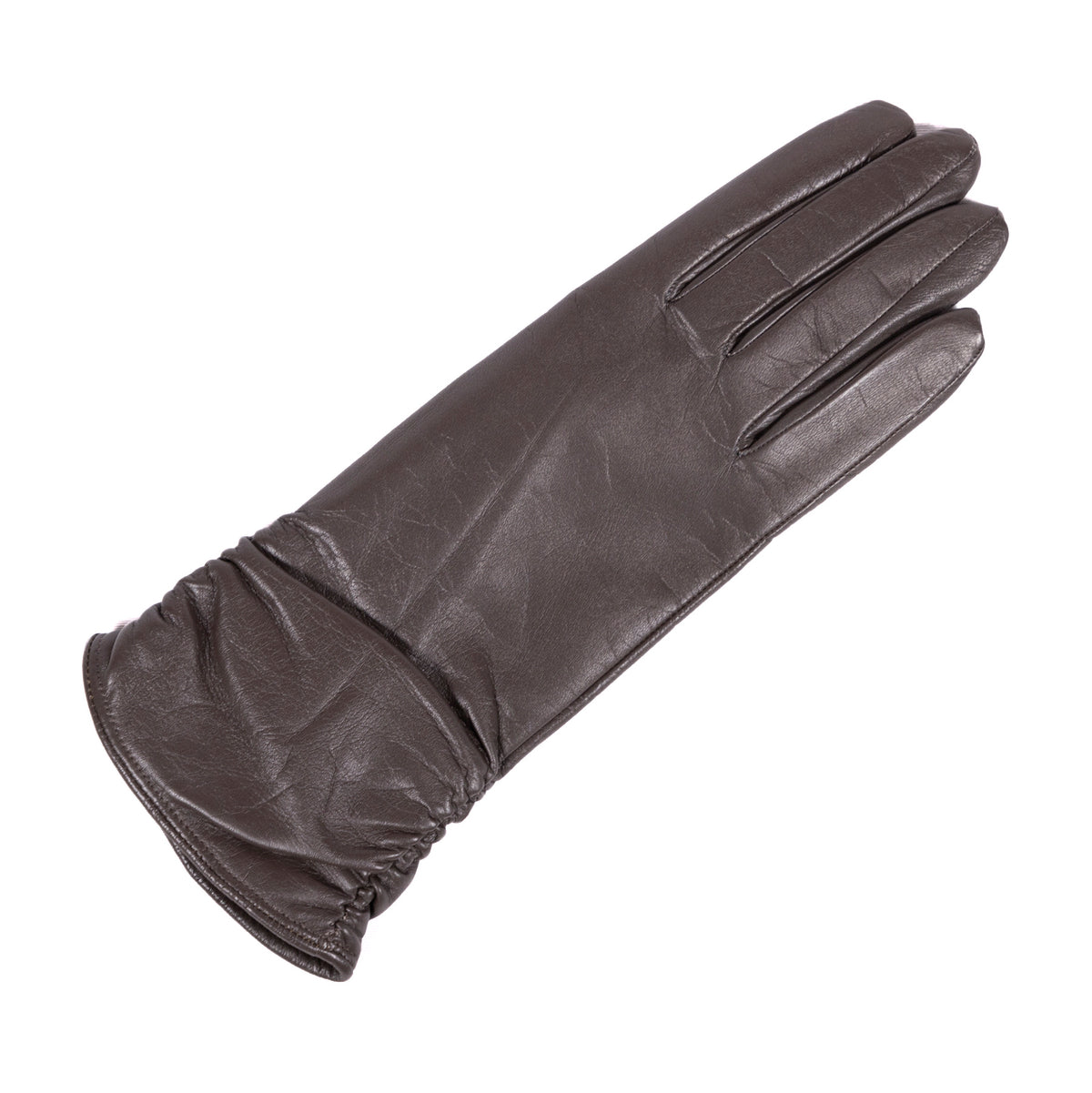 Ladies' brown leather touchscreen gloves, featuring a cashmere lining for warmth and elegance in a classic design.