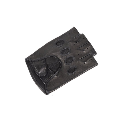 Mens black leather half-finger driving gloves featuring a strap closure and perforated detailing for breathability and style.