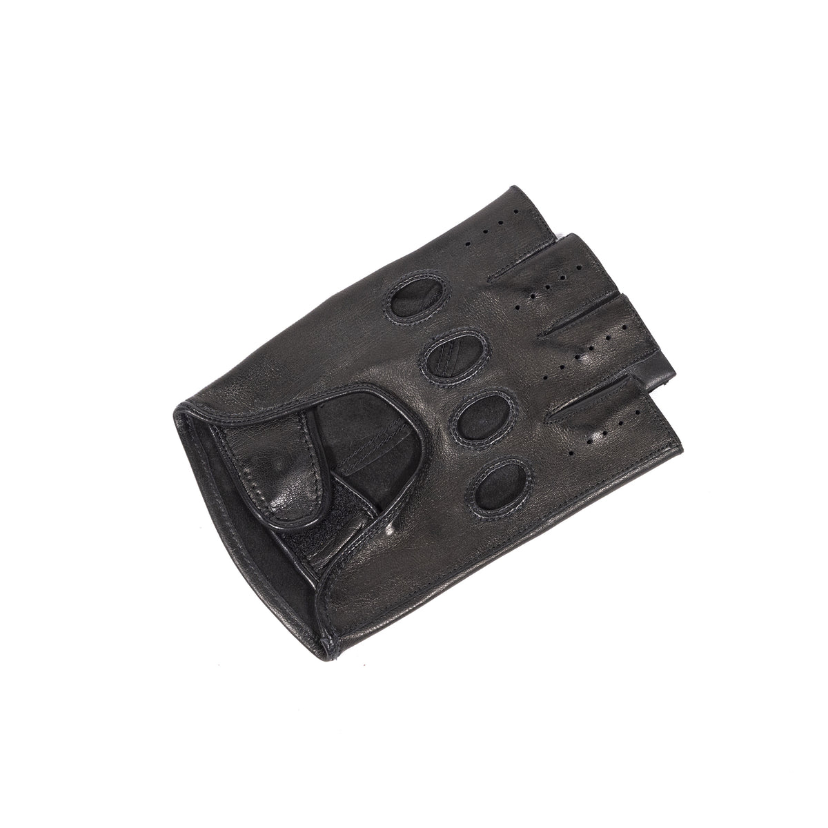 Mens black leather half-finger driving gloves featuring a strap closure and perforated detailing for breathability and style.