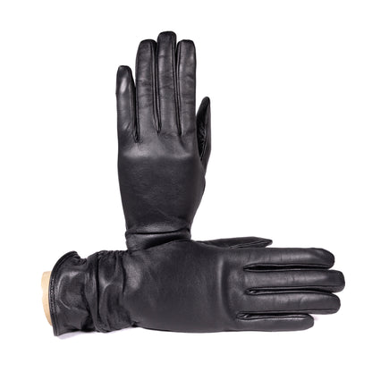 Black leather ladies' touchscreen gloves, elegantly lined with cashmere for added warmth and comfort.