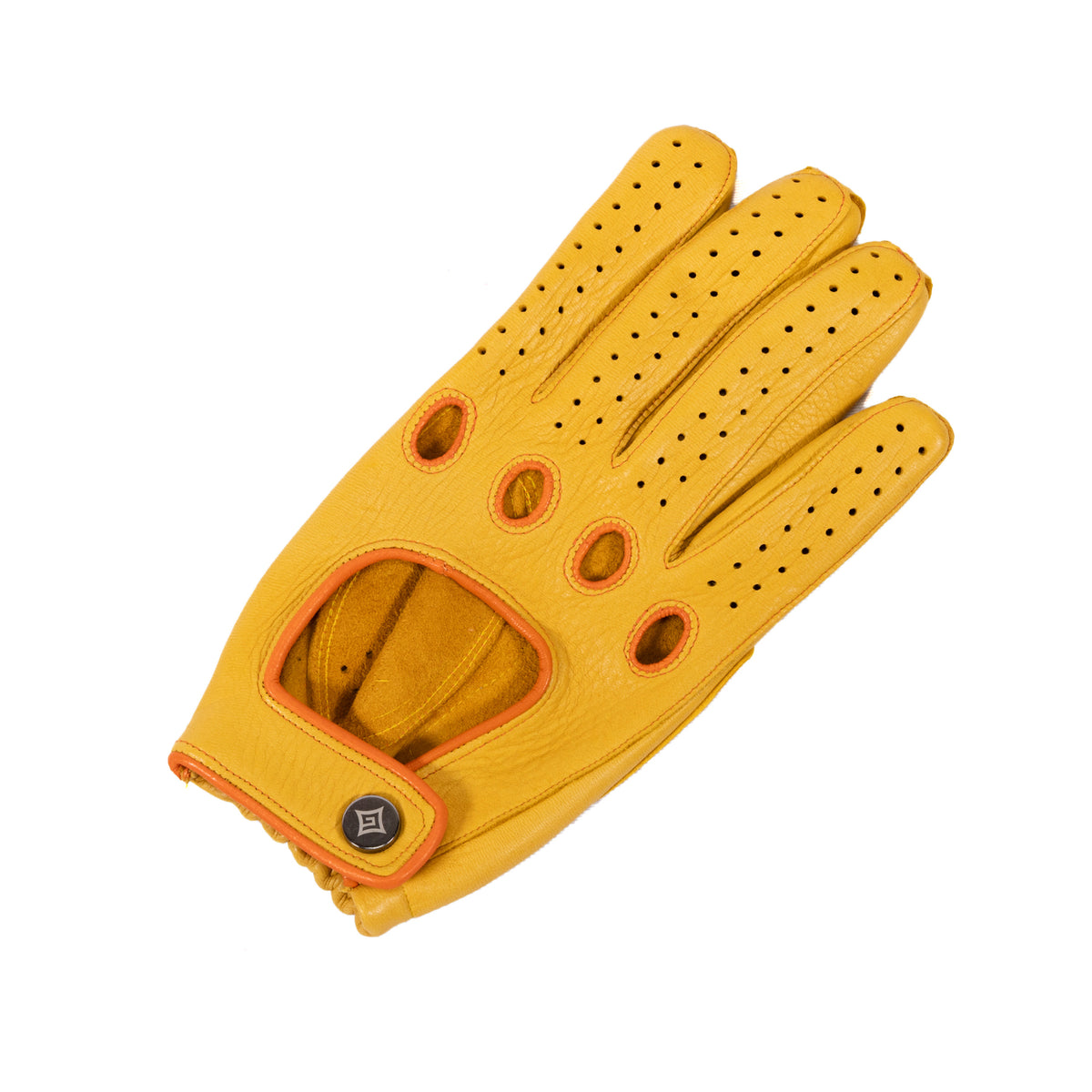 Men's yellow deerskin driving glove featuring snap closure and contrast orange details, showcasing Italian craftsmanship and style.
