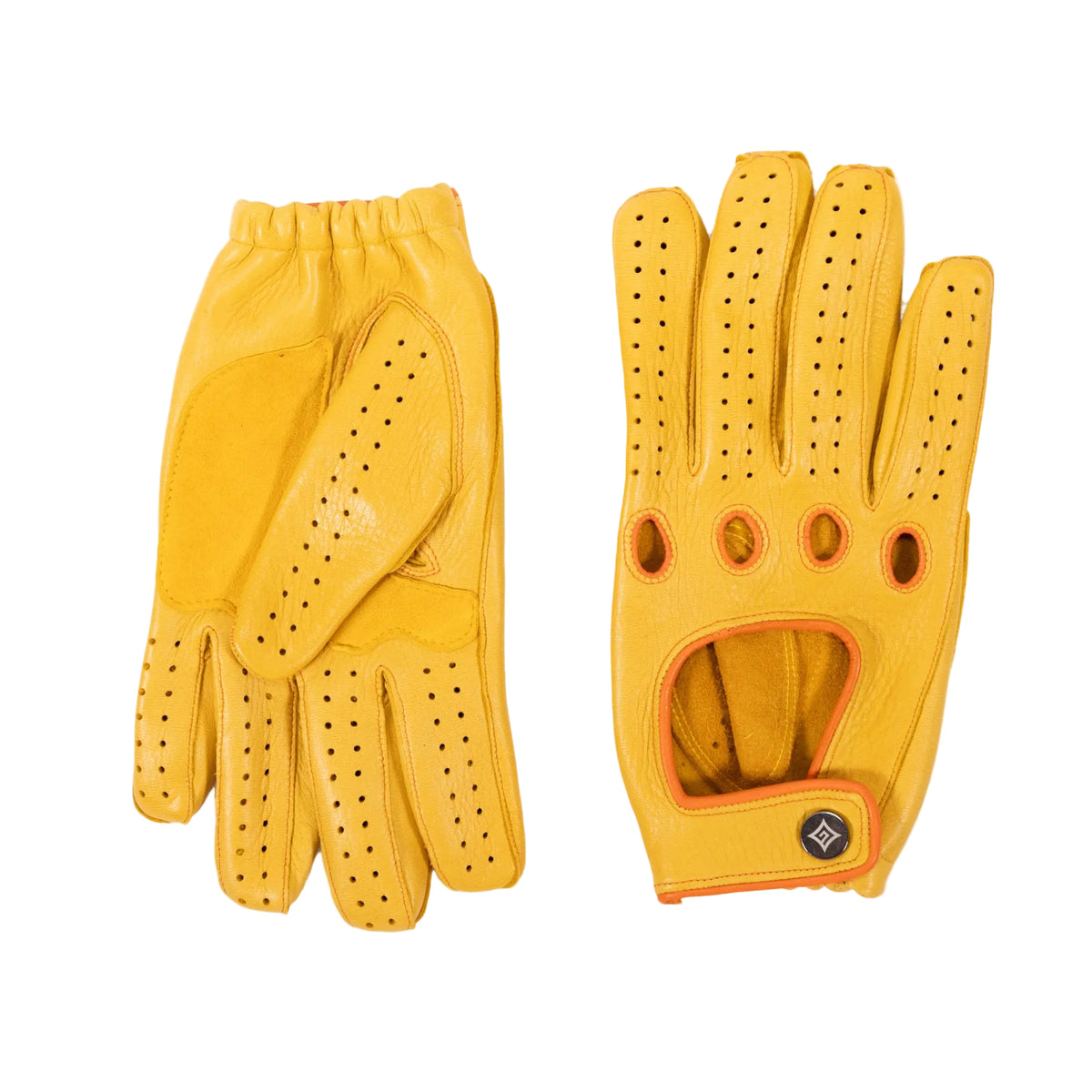 Men's yellow deerskin driving gloves featuring snap closure and contrast details, showcasing elegant Italian craftsmanship.