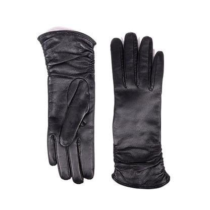 Ladies' black leather touchscreen gloves, elegantly lined with cashmere, showcasing refined Italian craftsmanship.
