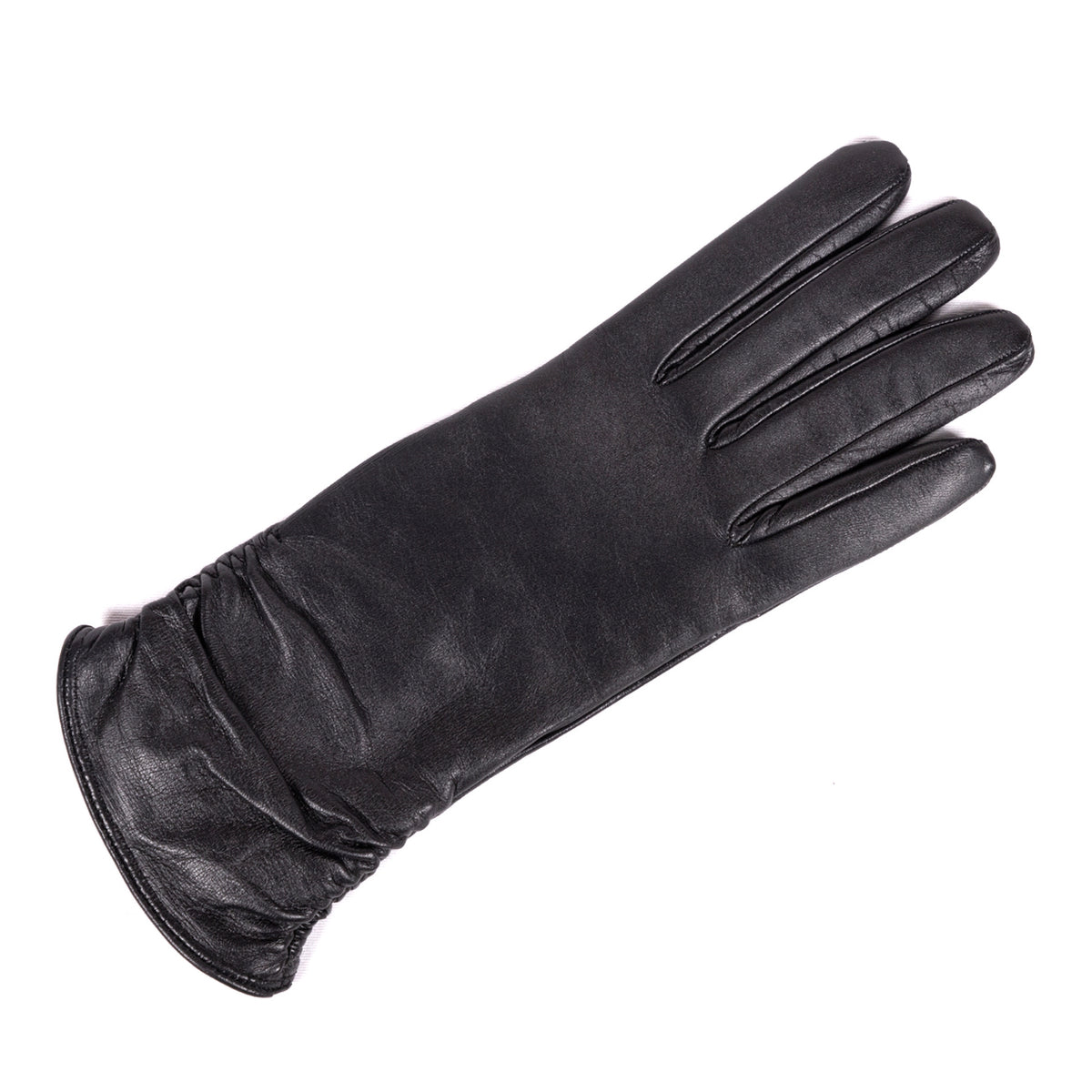 Ladies' black leather touchscreen gloves, elegantly cashmere lined with a gathered wrist for a chic, sophisticated look.