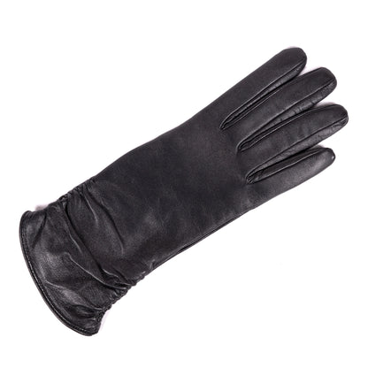 Ladies' black leather touchscreen gloves, elegantly cashmere lined with a gathered wrist for a chic, sophisticated look.