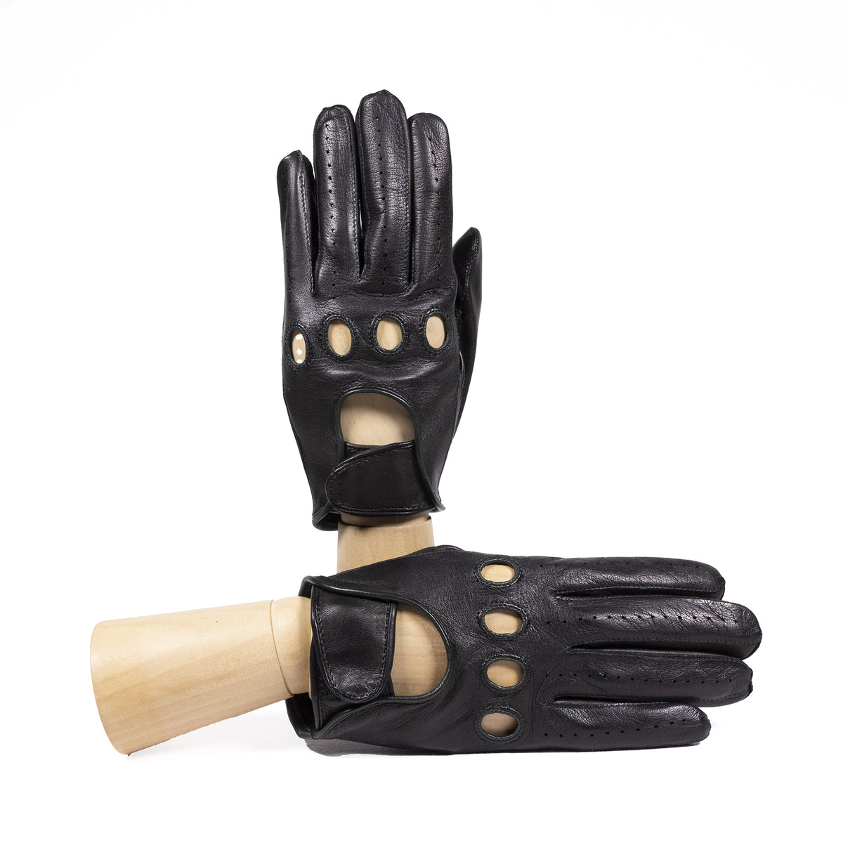 Men's black leather driving gloves featuring a strap closure and cut-out details, showcasing Italian craftsmanship and elegance.