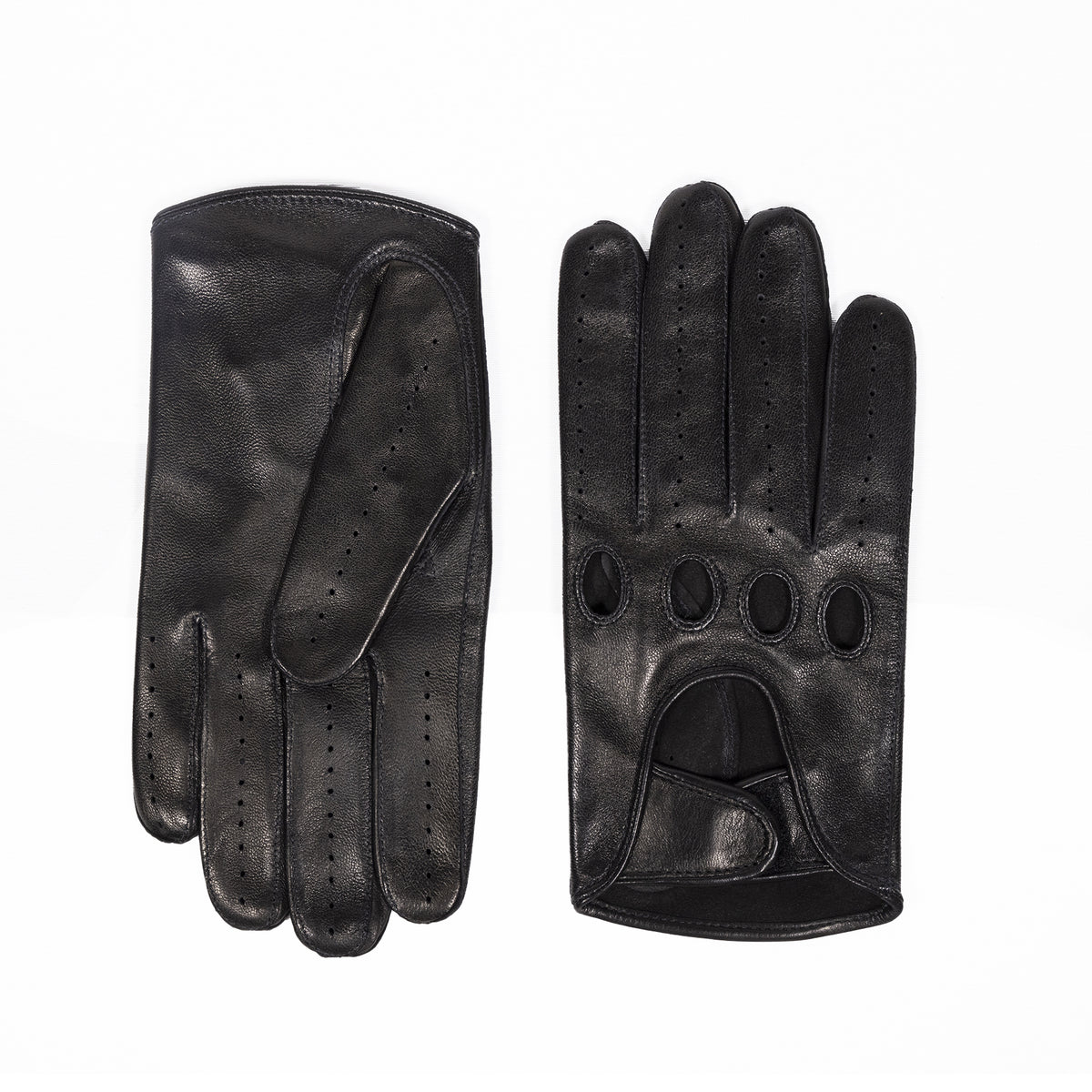 Men's black leather driving gloves featuring perforated detailing and a strap closure for a refined, elegant look.