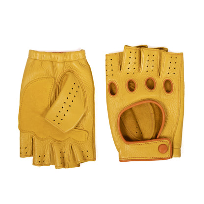 Men's yellow deerskin driving gloves featuring snap closure and contrast detailing, showcasing Italian craftsmanship and elegant design.
