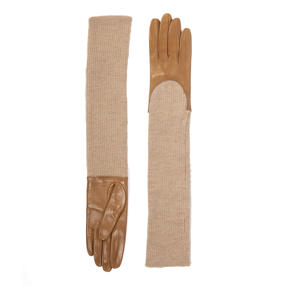 Long leather and wool sleeve gloves in warm beige, showcasing elegant Italian craftsmanship for autumn style.