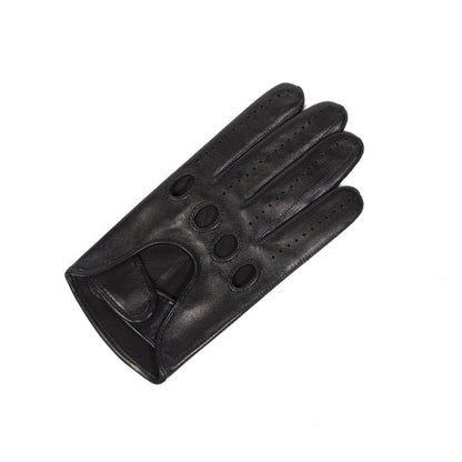 Men's black leather driving glove featuring perforations and a strap closure, showcasing Italian craftsmanship and elegant design.