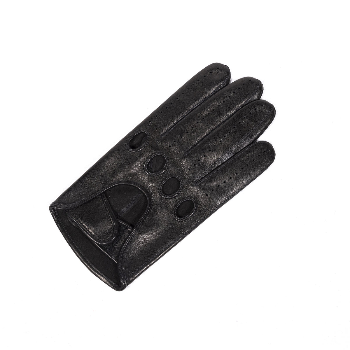 Men's black leather driving glove featuring perforations and a strap closure, showcasing Italian craftsmanship and elegant design.