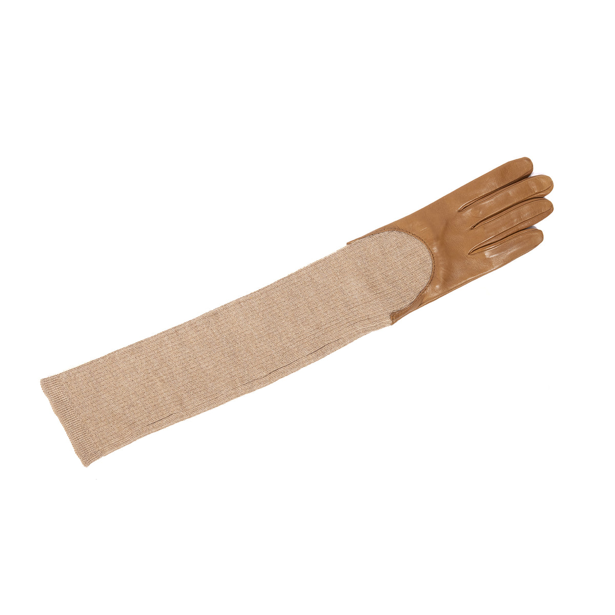 Long tan leather gloves with a wool sleeve, showcasing elegant design and Italian craftsmanship for autumn styling.