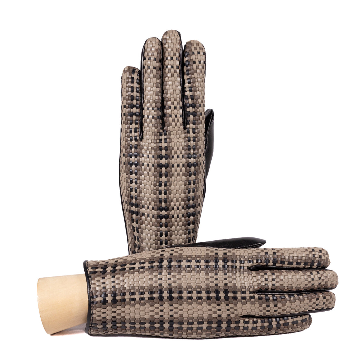 Woven nappa leather gloves in beige and black, elegantly styled with a cashmere lining for warmth and luxury.