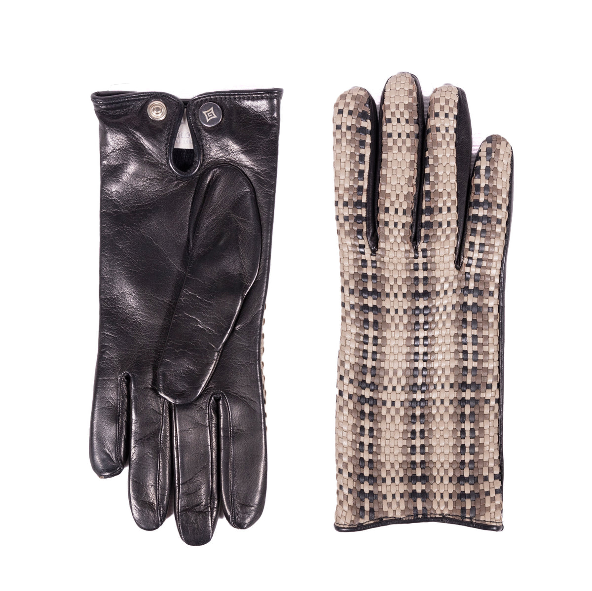 Black nappa leather glove alongside a woven beige and black design, showcasing Italian craftsmanship and elegant style.