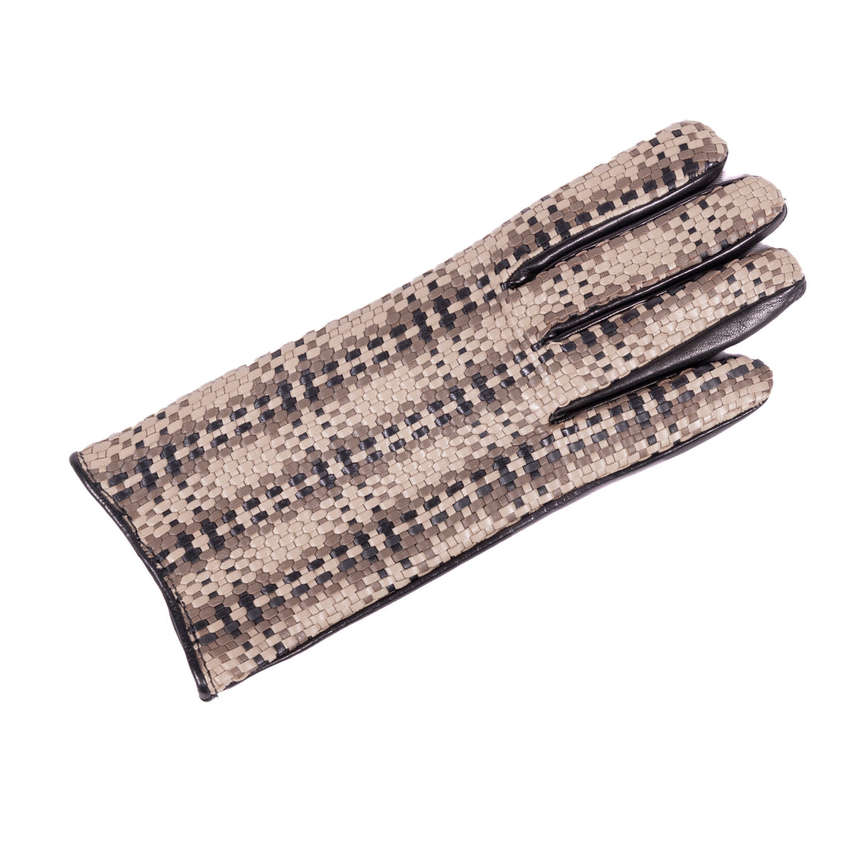 Woven nappa leather gloves in beige and black, featuring a cashmere lining for added warmth and luxury.
