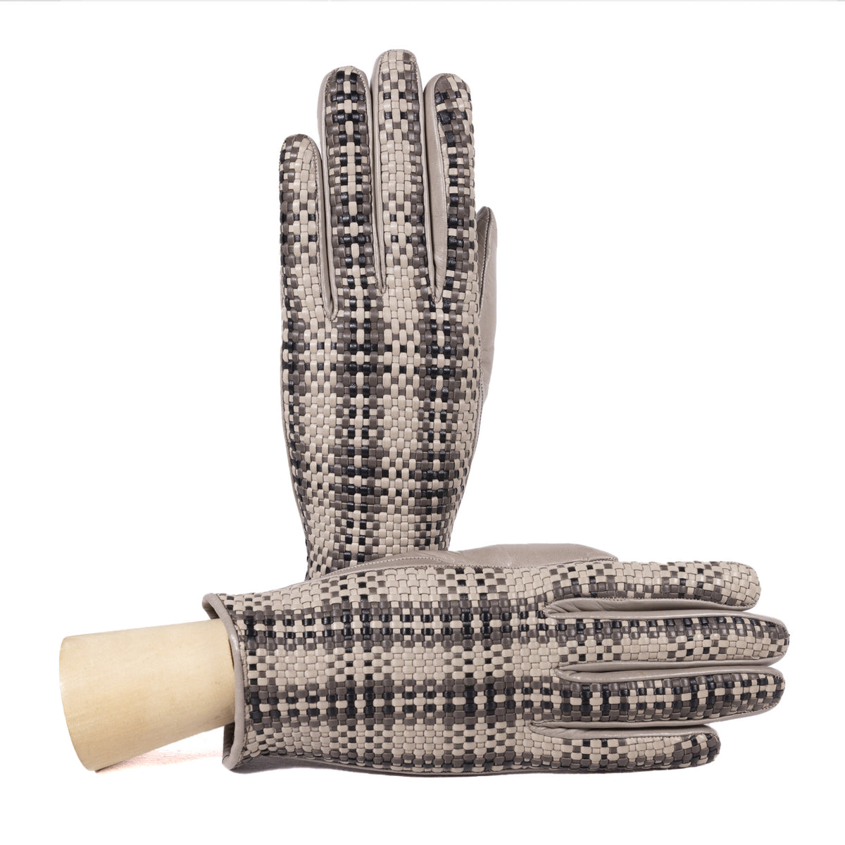 Ladies' woven nappa leather gloves in neutral tones, featuring a stylish check pattern and a soft cashmere lining.