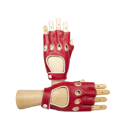 Red deerskin driving gloves featuring snap closure and contrast details, showcasing elegant Italian craftsmanship.