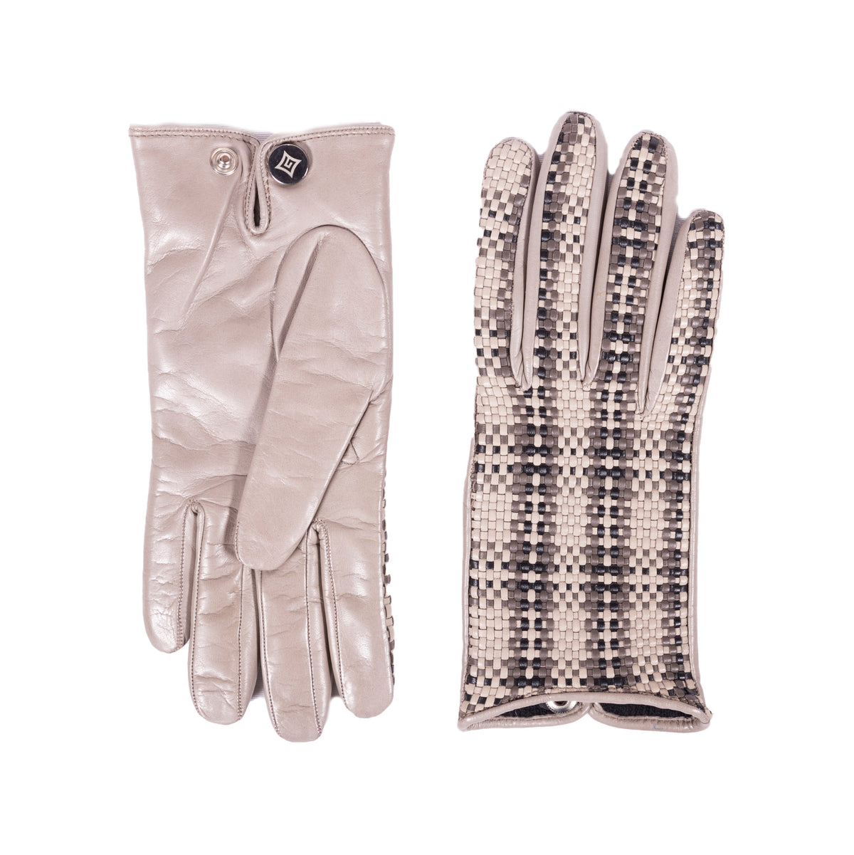 Ladies' woven nappa leather gloves in soft beige, featuring a cashmere lining and a stylish textured design.