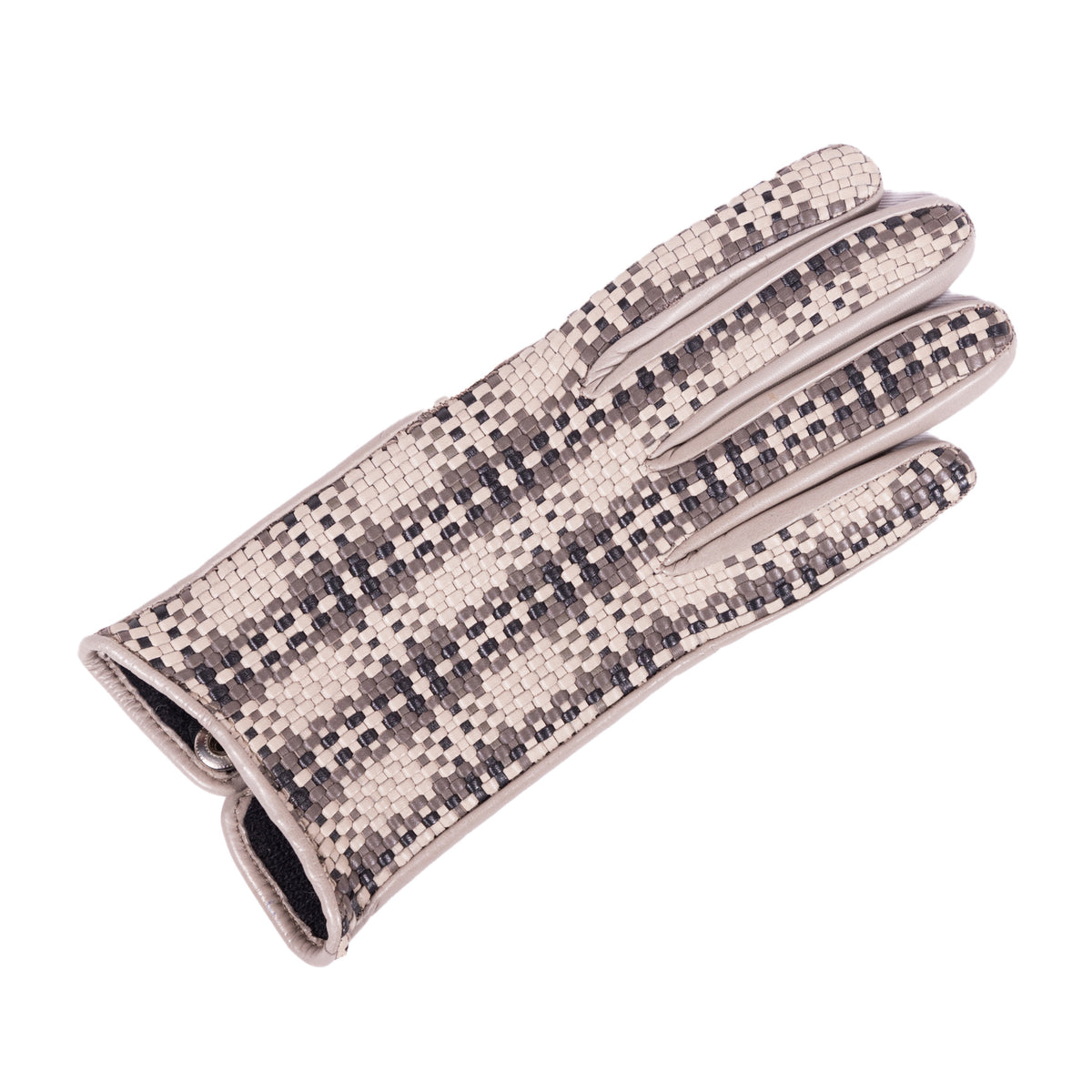 Woven nappa leather glove in neutral tones, lined with cashmere, showcasing elegant Italian craftsmanship and intricate detailing.