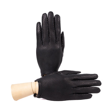 Ladies' black check printed nappa leather gloves elegantly displayed, showcasing Italian craftsmanship and premium material.