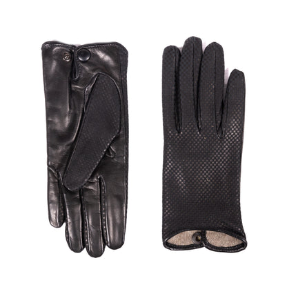 Ladies' black check printed nappa leather gloves showcasing elegant design and Italian craftsmanship with a soft lining.