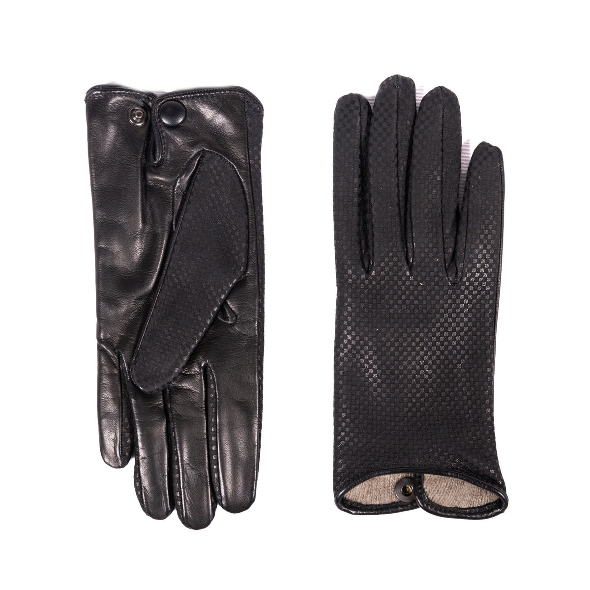 Ladies' black check printed nappa leather gloves showcasing elegant design and Italian craftsmanship with a soft lining.