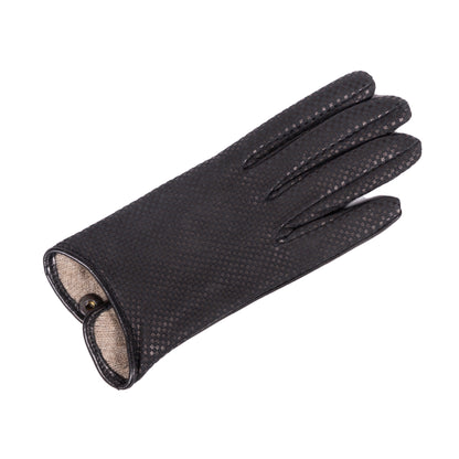 Ladies' black check printed nappa leather gloves featuring a soft interior lining for comfort and elegant style.