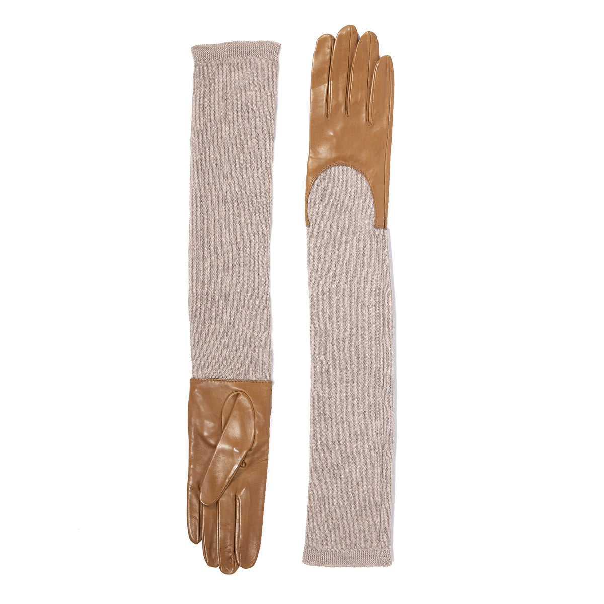 Long leather gloves featuring a soft wool sleeve in a warm tan color, blending elegance with cozy autumn style.