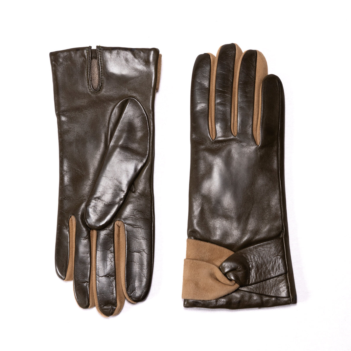 Ladies' nappa leather gloves in dark brown, featuring a suede accent and cashmere lining for added warmth and elegance.