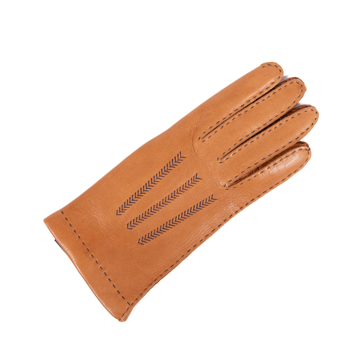 Classic hand-sewn deerskin leather glove in rich cognac, featuring intricate stitching and a soft cashmere lining.