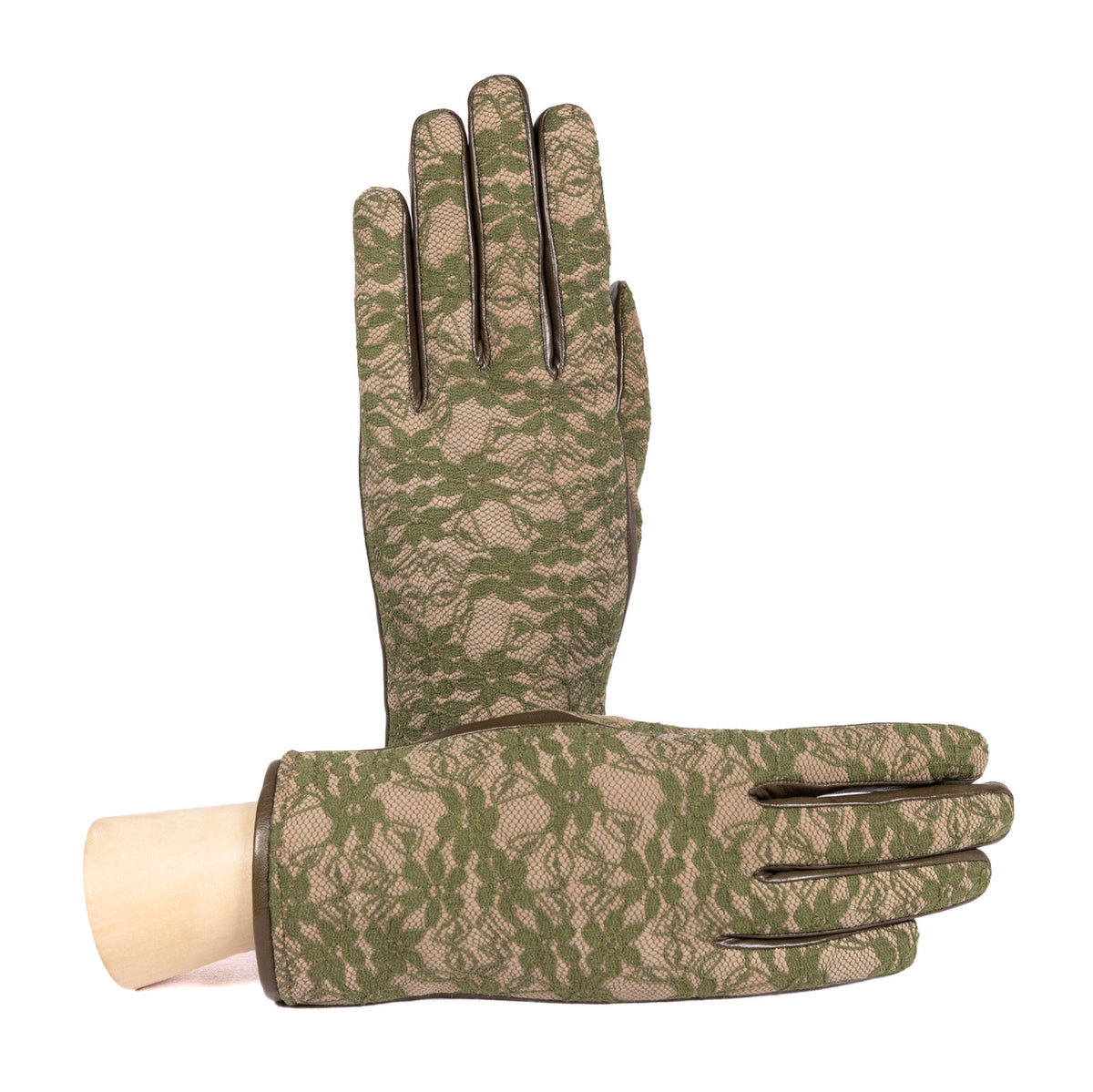 Ladies' nappa leather gloves featuring elegant lace detail in olive green, showcasing Italian craftsmanship and sophistication.