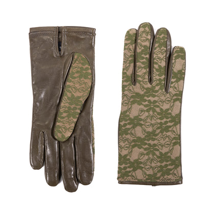 Ladies' olive nappa leather gloves featuring a chic lace top detail and soft cashmere lining for elegant warmth and style.