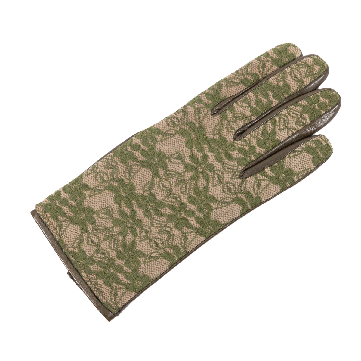 Ladies' nappa leather gloves featuring an elegant green lace top and a soft cashmere lining for added comfort.